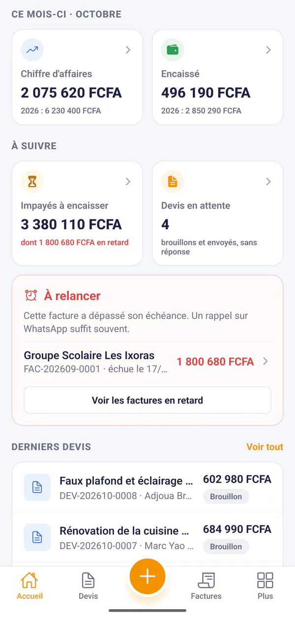 Suivi des encaissements, des impayés et des factures à relancer dans l'application YebDigiPay