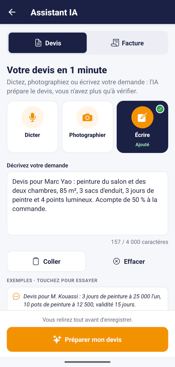 Assistant IA de YebDigiPay : dicter, photographier ou écrire sa demande de devis
