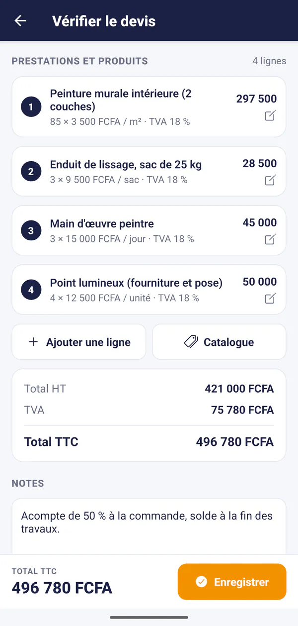 Brouillon de devis préparé par l'IA : lignes, TVA 18 % et total à vérifier