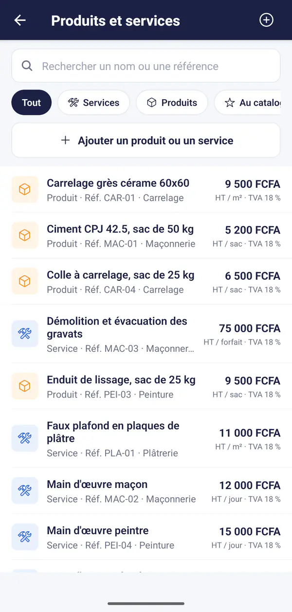 Catalogue de produits et services avec leurs prix en FCFA