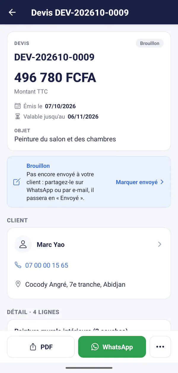 Envoi d'un devis YebDigiPay par WhatsApp depuis le téléphone