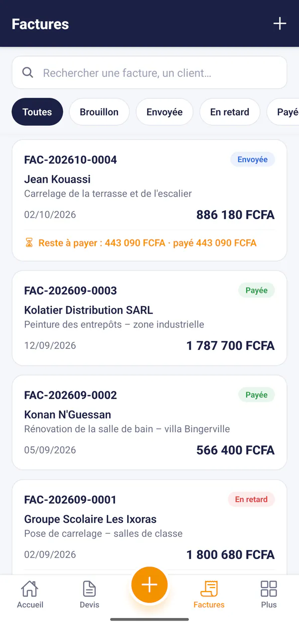 Liste des factures avec leur statut : payée, envoyée, en retard